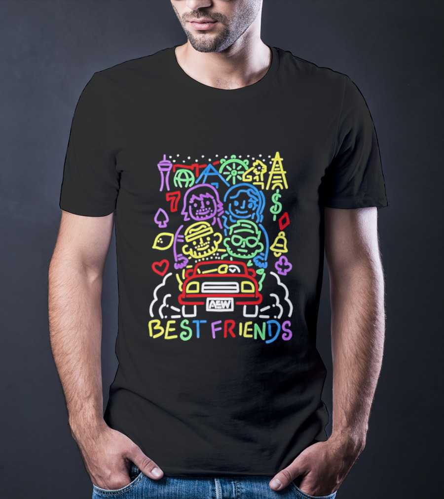 Best Friends AEW Neon Road Trip With Casino Icons And Landmarks T-Shirt