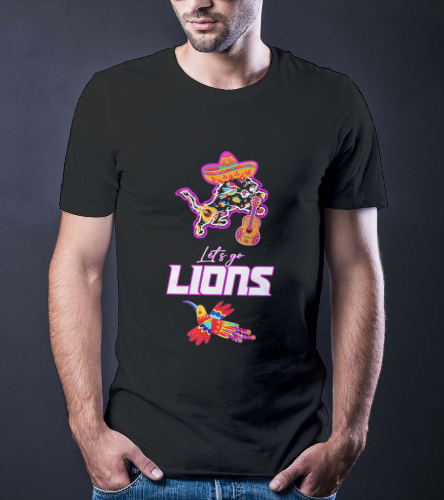 Let's Go Lions Hispanic Heritage Fiesta Mexican Folk Sombrero And Guitar T-Shirt