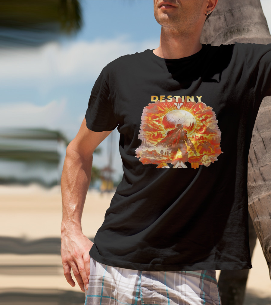 Destiny 3 Guardian Fireteam Solar Battle Scene With Traveler Sky Planet And Skull T-Shirt