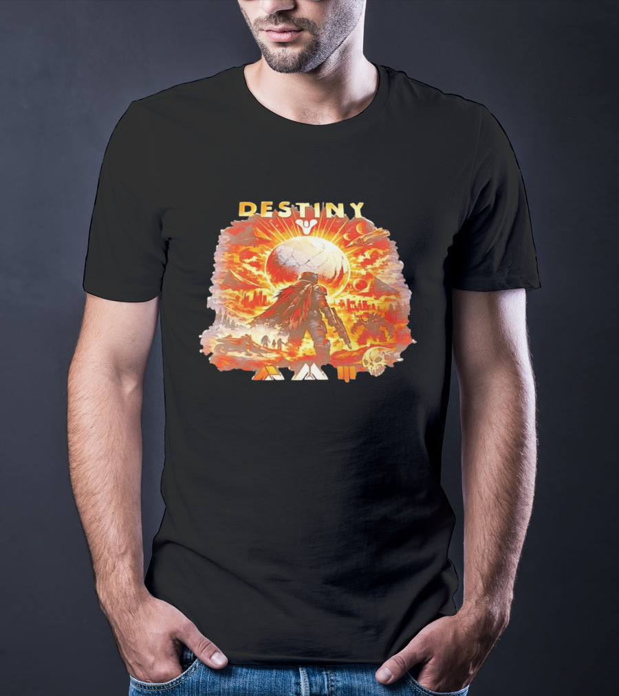 Destiny 3 Guardian Fireteam Solar Battle Scene With Traveler Sky Planet And Skull T-Shirt