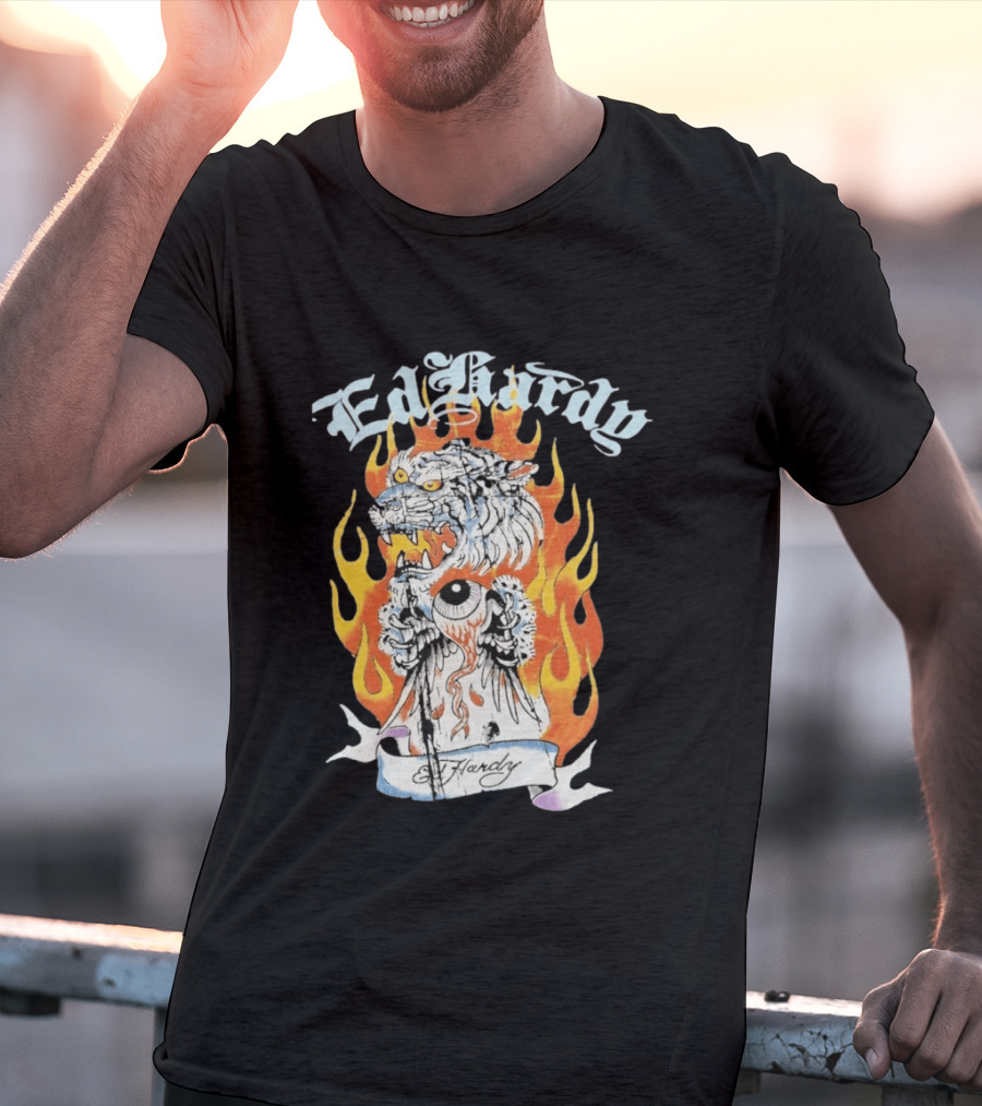 Ed Hardy Flaming Tiger Eyeball Flame Tattoo T-Shirt