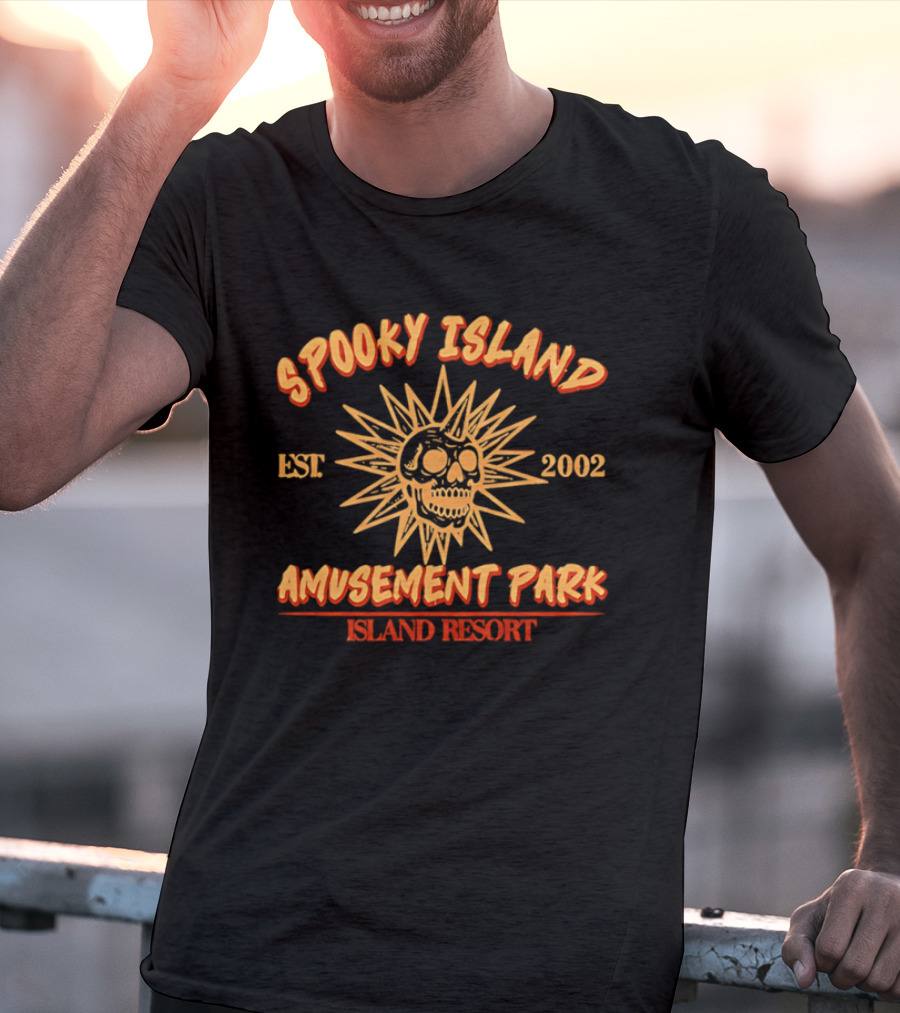 Spooky Island Amusement Park Est 2002 Island Resort Skull Sunburst T-Shirt