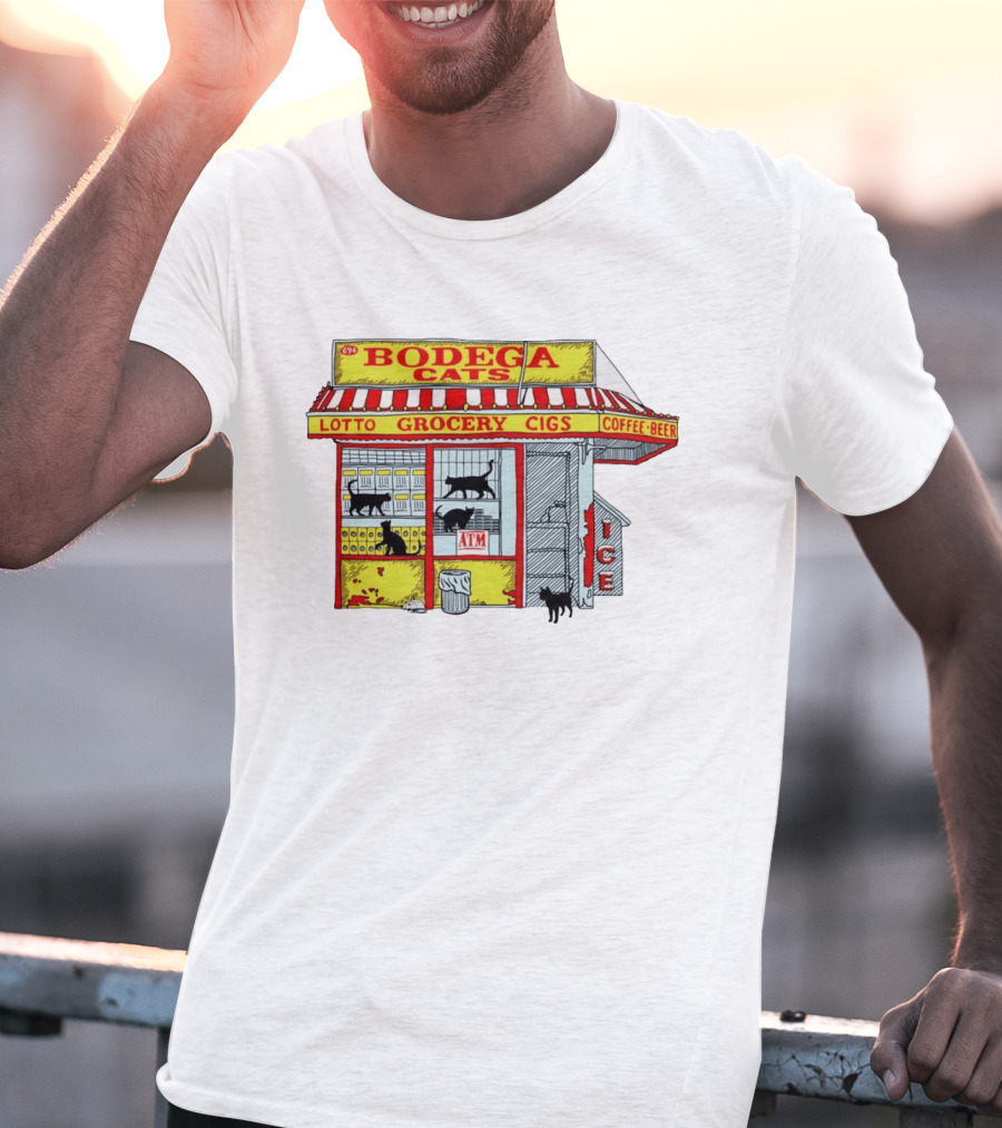 Bodega Cats Grocery Cigs Lotto Coffee Beer Ice ATM T-Shirt
