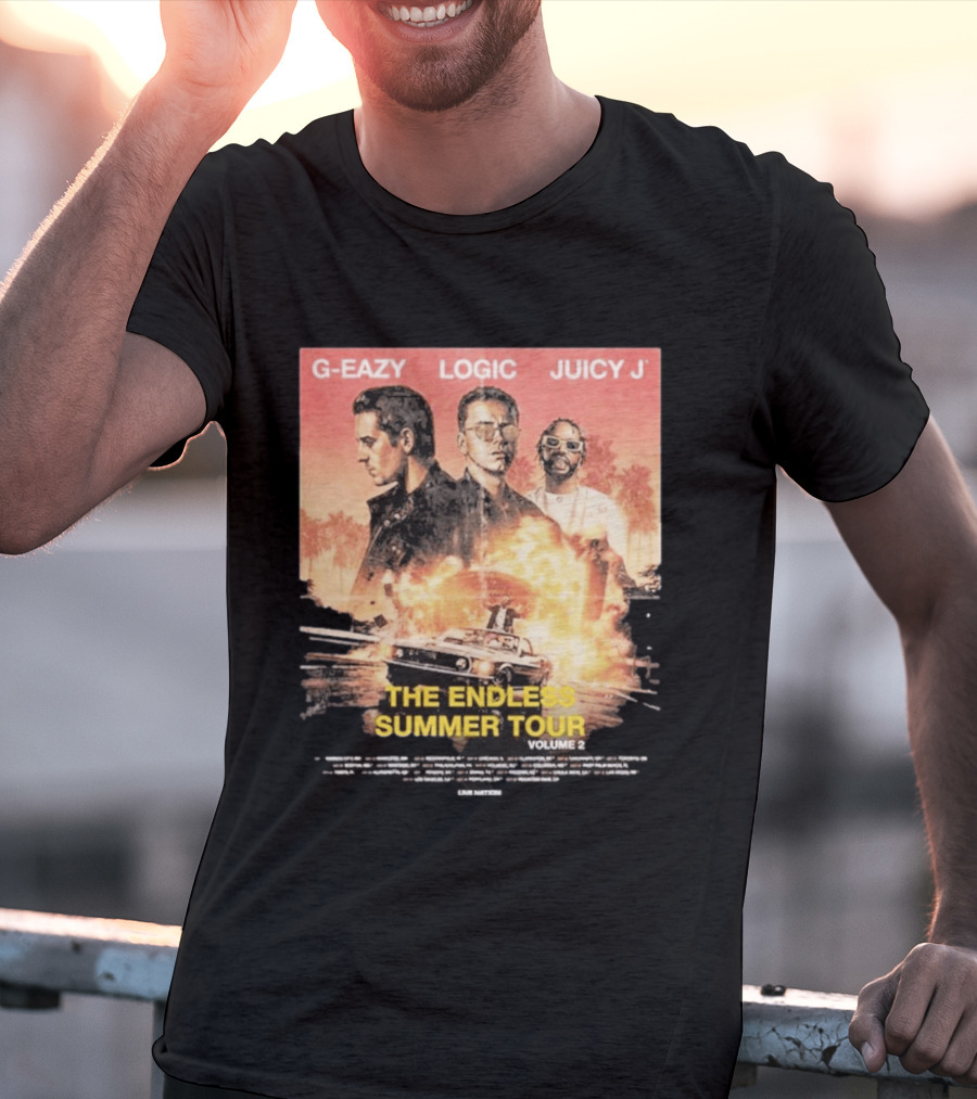 G Eazy Logic Juicy J The Endless Summer Tour Volume 2 2026 Retro Car Palm Trees T-Shirt