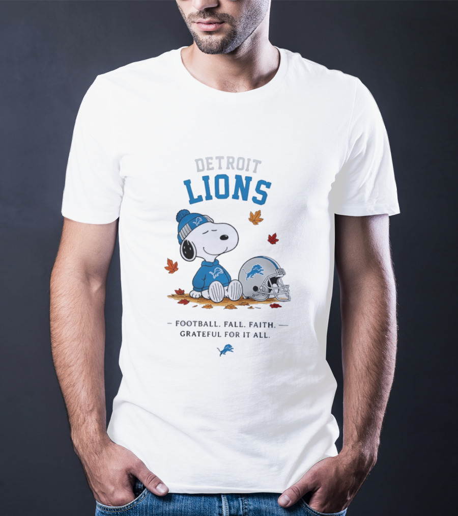 Detroit Lions Snoopy Football Fall Faith Grateful For It All Leaves Helmet T-Shirt