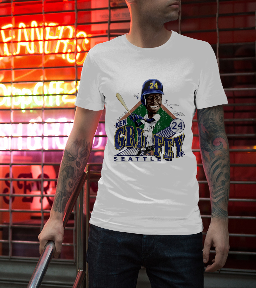 Ken Griffey Jr. Seattle Mariners 24 Baseball Batting Illustration Bruce Stark Collection T-Shirt