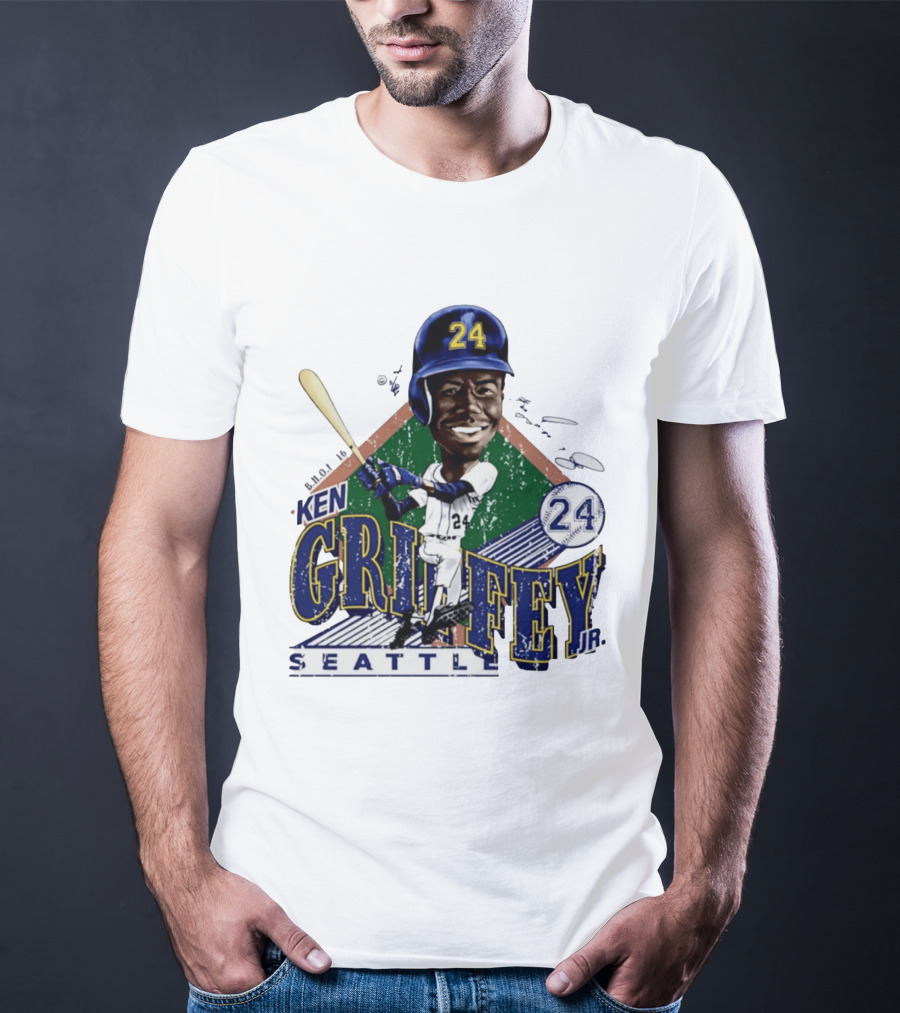 Ken Griffey Jr. Seattle Mariners 24 Baseball Batting Illustration Bruce Stark Collection T-Shirt