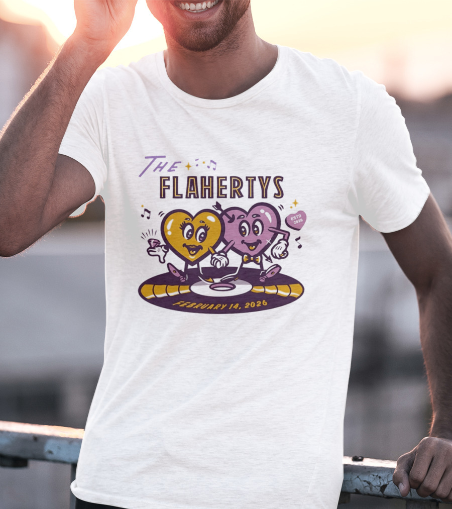 The Flahertys February 14 2026 Dancing Wedding Hearts With Music Notes T-Shirt