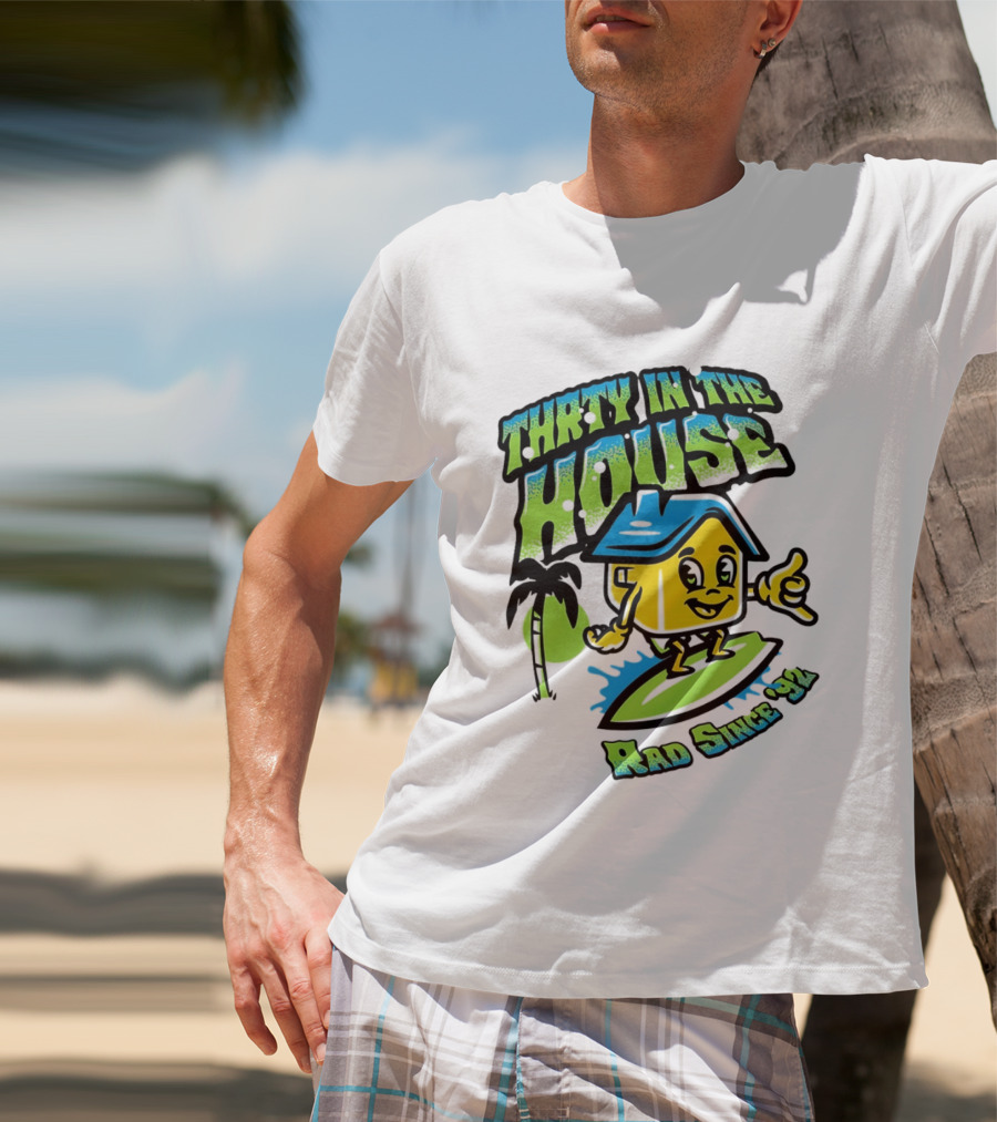 Thrty In The House Rad Since 92 Surfer Cartoon Palm Tree Vibes T-Shirt