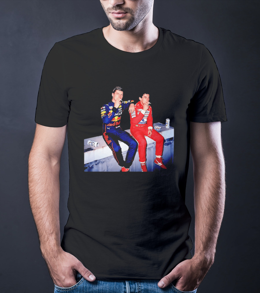 Max Verstappen Red Bull Racing And Ayrton Senna Honda Marlboro F1 Legends Smoking Together T-Shirt