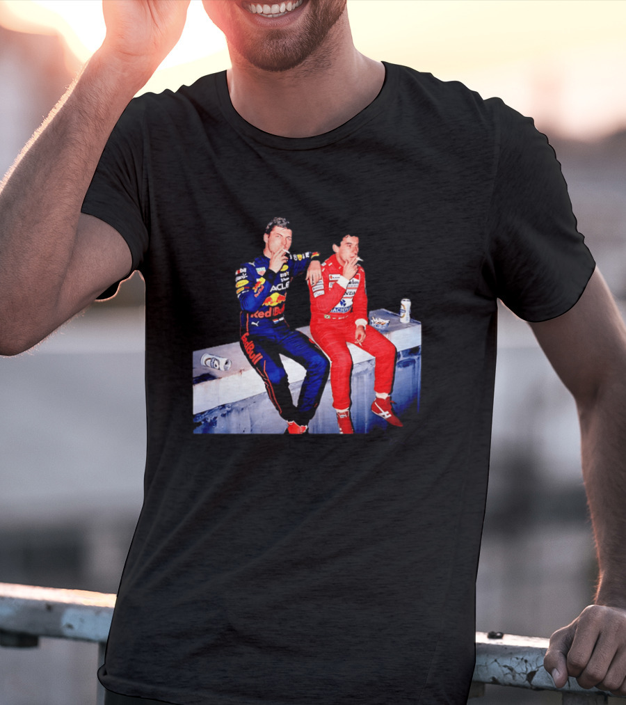 Max Verstappen Red Bull Racing And Ayrton Senna Honda Marlboro F1 Legends Smoking Together T-Shirt