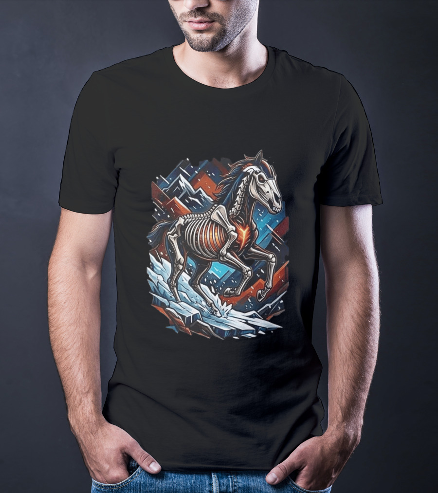 Denver Broncos Runs In My Blood Skeleton Horse And Mountains T-Shirt