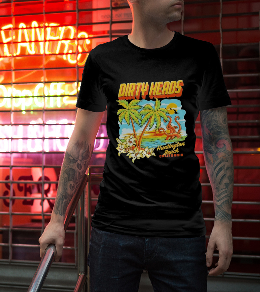 Dirty Heads Tropical Beach Palm Trees Ocean Sunset Octopus Huntington Beach California T-Shirt