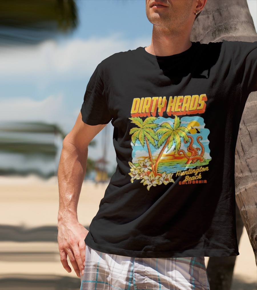 Dirty Heads Tropical Beach Palm Trees Ocean Sunset Octopus Huntington Beach California T-Shirt