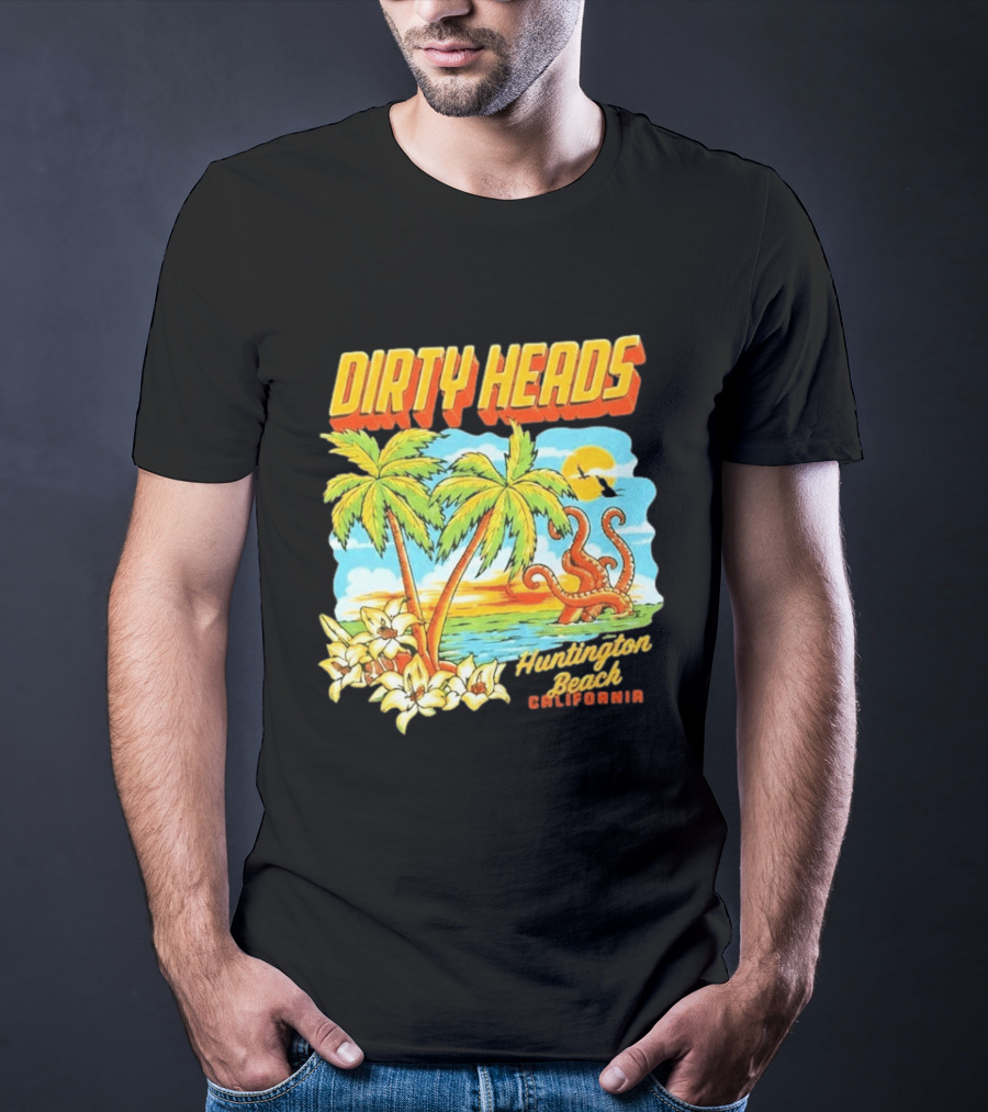 Dirty Heads Tropical Beach Palm Trees Ocean Sunset Octopus Huntington Beach California T-Shirt