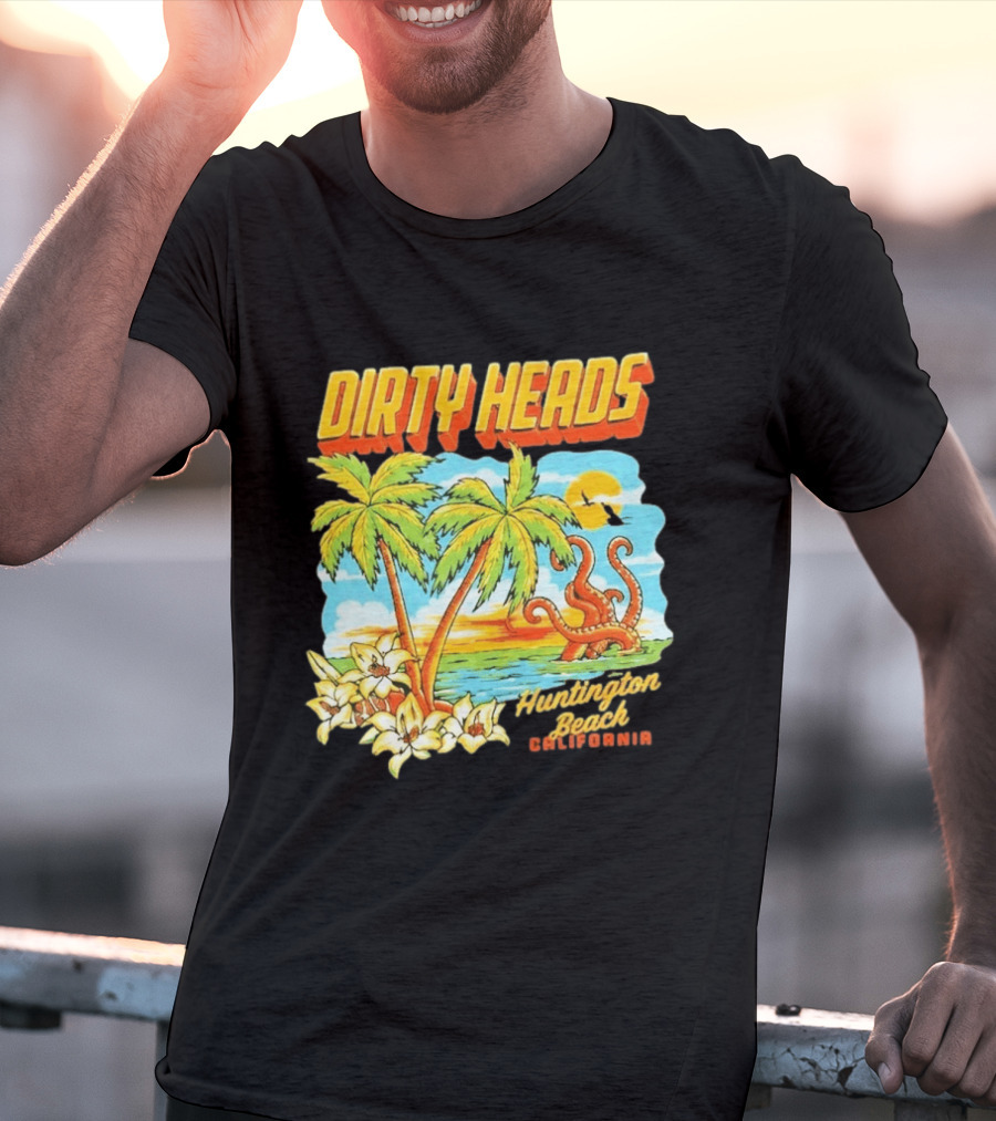 Dirty Heads Tropical Beach Palm Trees Ocean Sunset Octopus Huntington Beach California T-Shirt