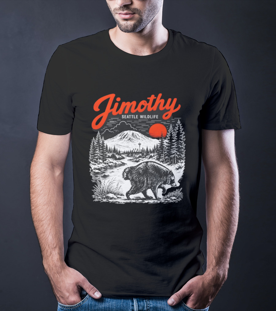 Jimothy Seattle Wildlife Raccoon With Mountain And Space Needle T-Shirt