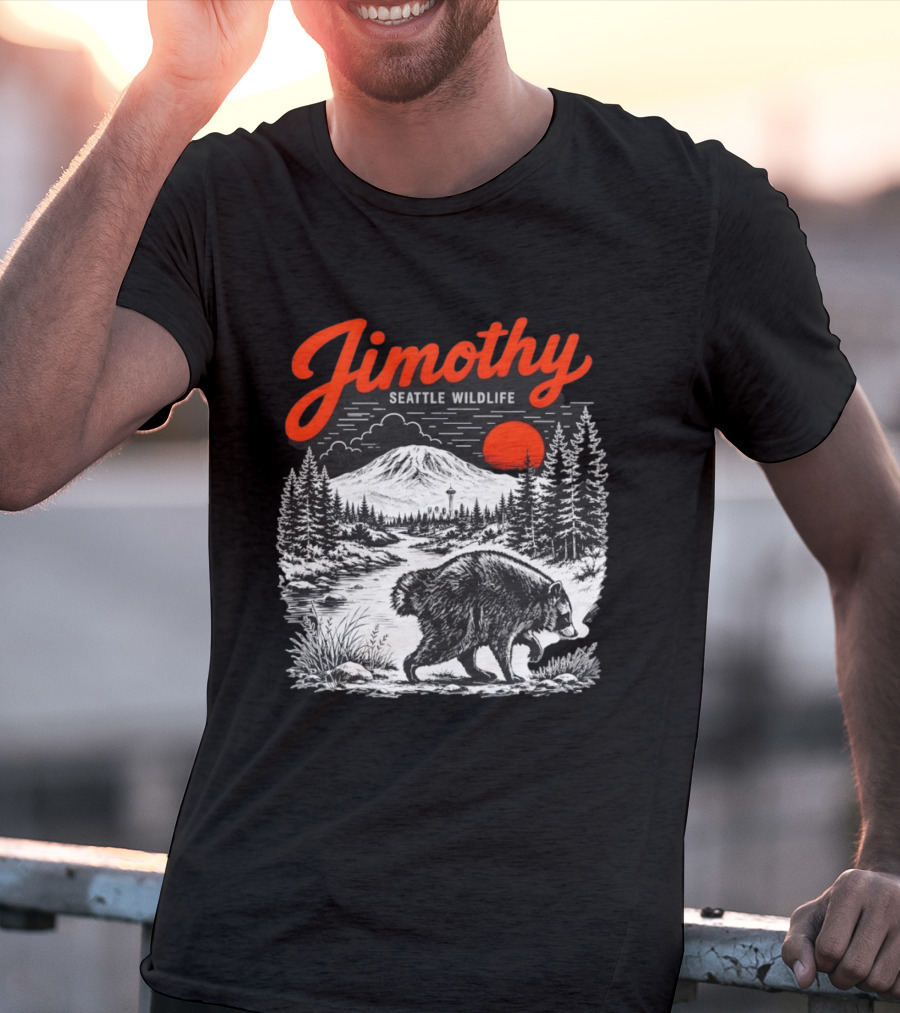 Jimothy Seattle Wildlife Raccoon With Mountain And Space Needle T-Shirt