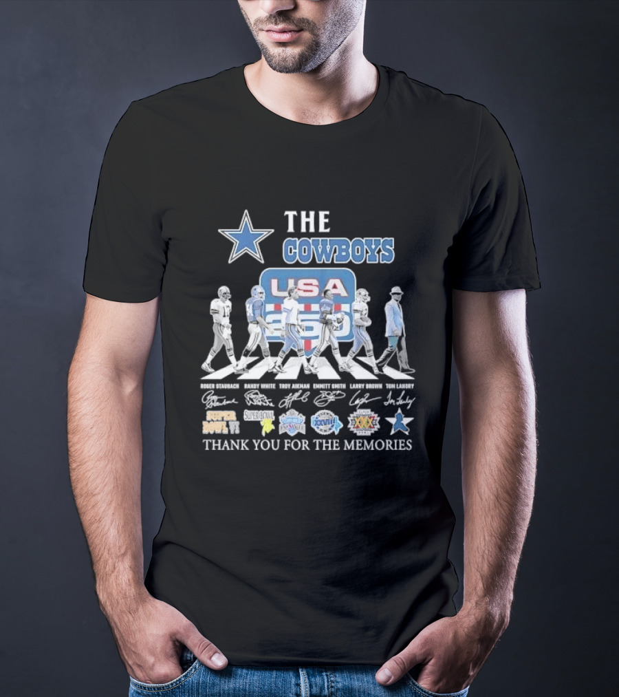 THE COWBOYS Roger Staubach Randy White Troy Aikman Emmitt Smith Larry Brown Thank You For The Memories USA T-Shirt