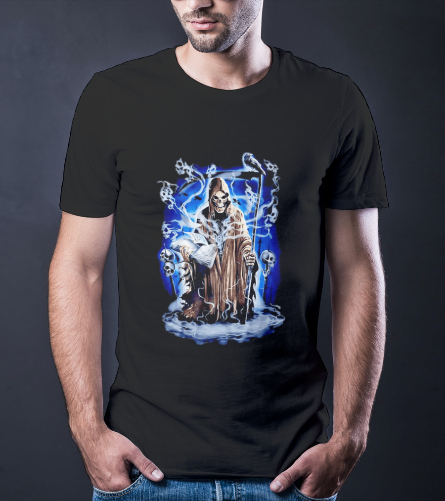 Sooner Than You Think Grim Reaper Skull And Scythe In Blue Mist T-Shirt