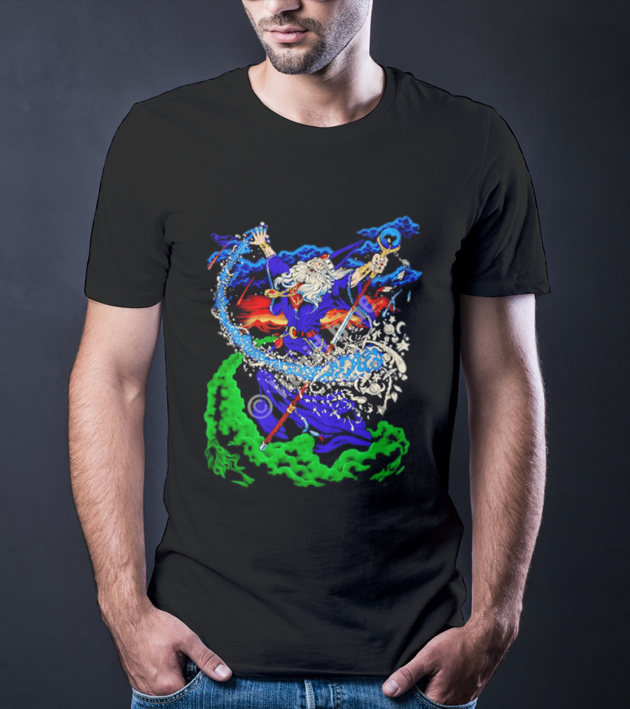 Wizard Casting Magic Conjuring Galaxies Fantasy Aurora Sky T-Shirt