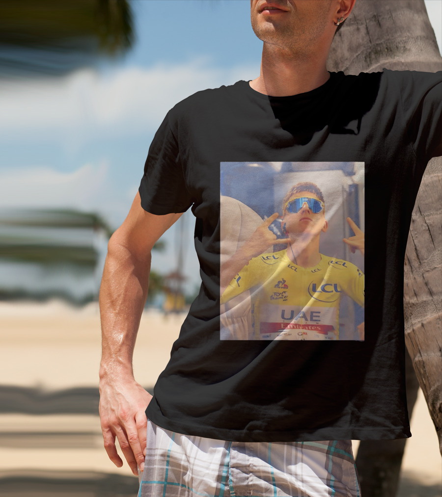 Tadej Pogačar In UAE Emirates Tour De France LCL Yellow Jersey With Sunglasses T-Shirt