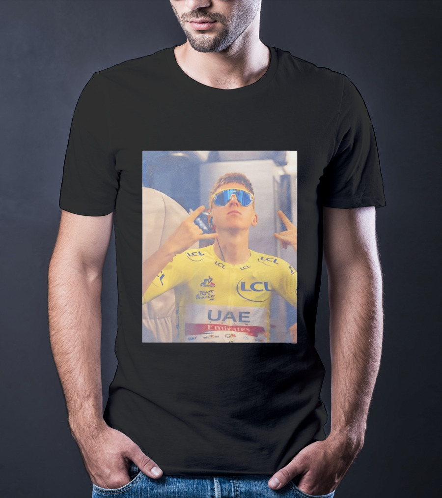 Tadej Pogačar In UAE Emirates Tour De France LCL Yellow Jersey With Sunglasses T-Shirt