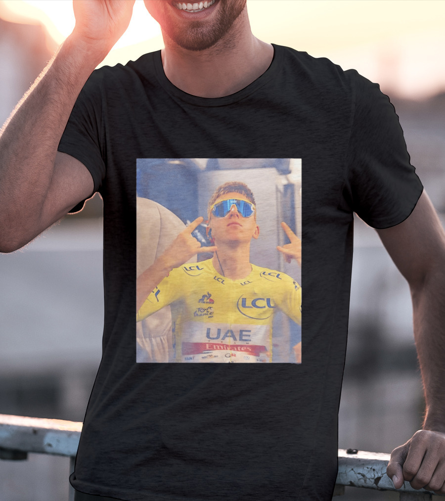 Tadej Pogačar In UAE Emirates Tour De France LCL Yellow Jersey With Sunglasses T-Shirt