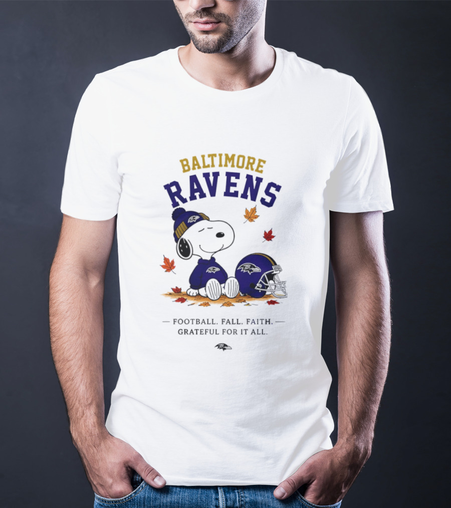 Baltimore Ravens Snoopy Football Fall Faith Grateful For It All T-Shirt