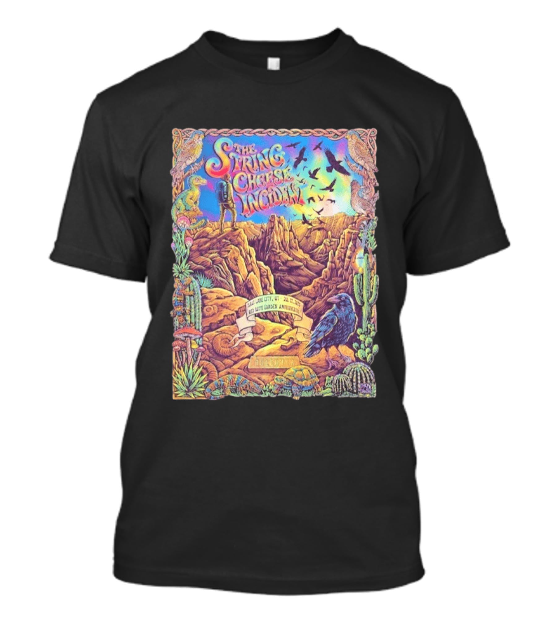 The String Cheese Incident Salt Lake City Utah Red Butte Garden Amphitheatre July 22 2026 Psychedelic Desert Scene With Wildlife And Cactus T-Shirt