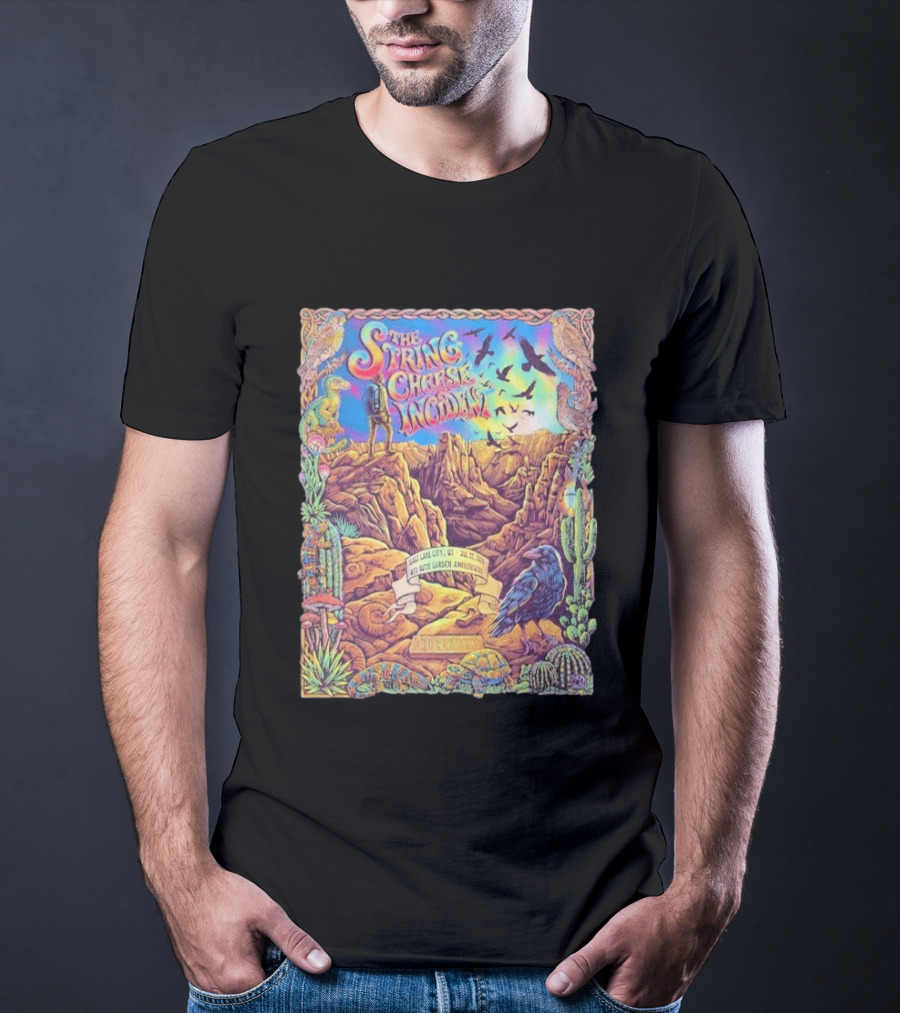 The String Cheese Incident Salt Lake City Utah Red Butte Garden Amphitheatre July 22 2026 Psychedelic Desert Scene With Wildlife And Cactus T-Shirt