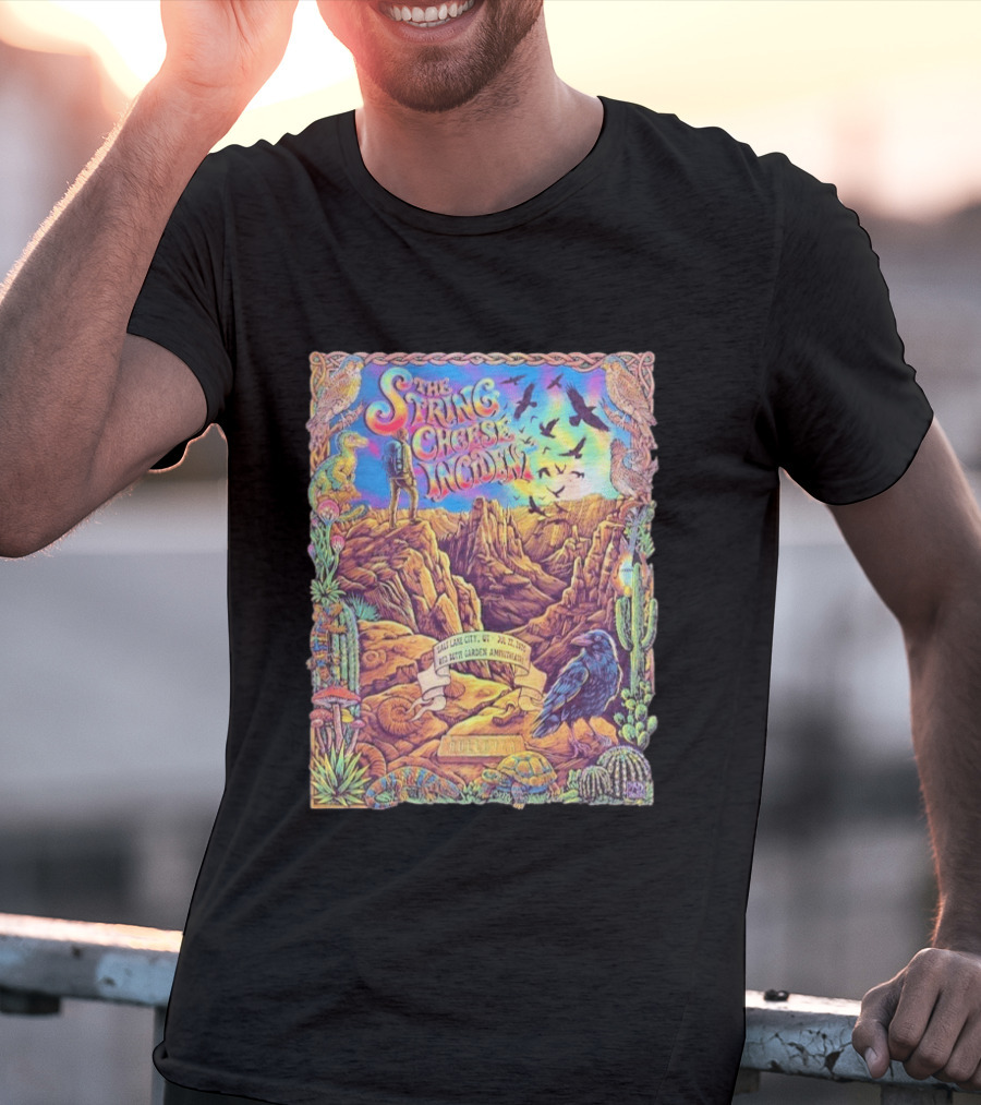 The String Cheese Incident Salt Lake City Utah Red Butte Garden Amphitheatre July 22 2026 Psychedelic Desert Scene With Wildlife And Cactus T-Shirt