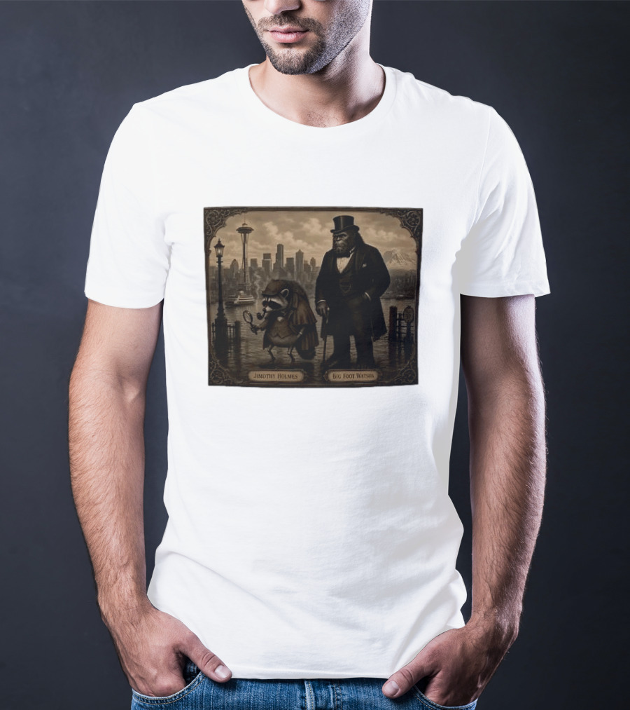 Jimothy Holmes Bigfoot Watson In Vintage Detective Scene Seattle Skyline T-Shirt
