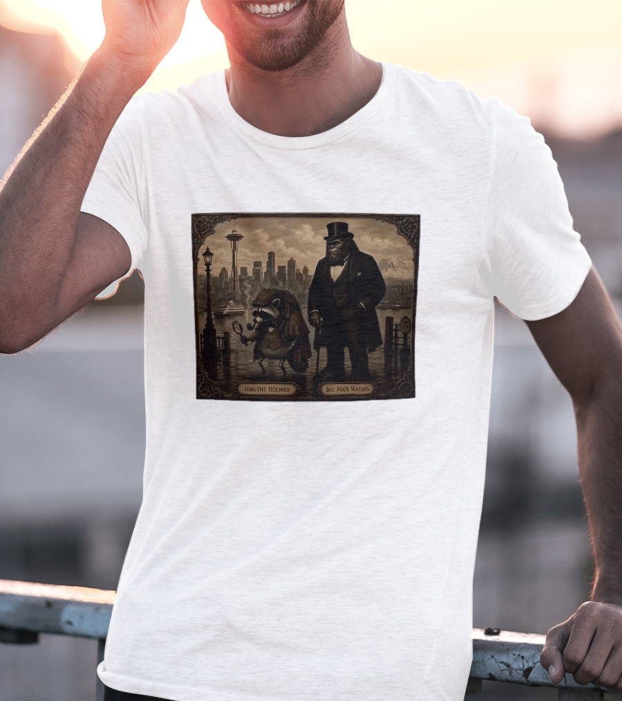 Jimothy Holmes Bigfoot Watson In Vintage Detective Scene Seattle Skyline T-Shirt