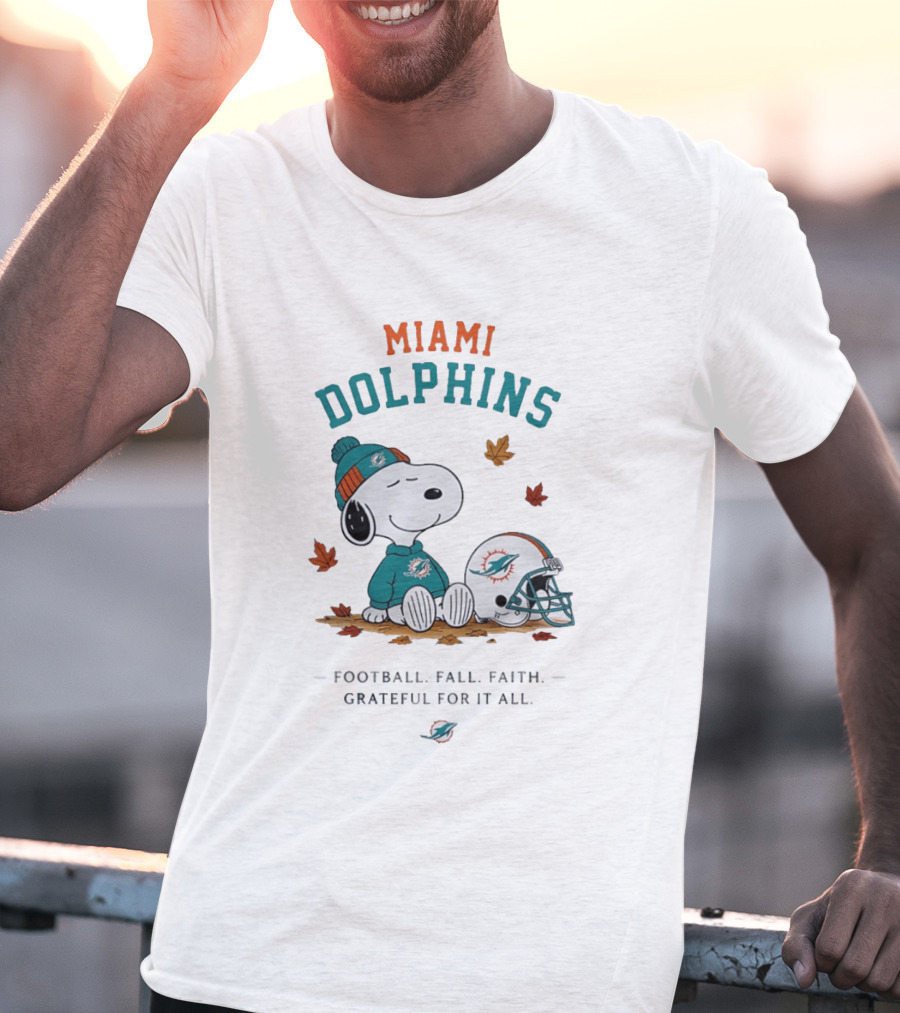 Miami Dolphins Snoopy Football Fall Faith Grateful For It All Peanuts NFL Helmet Team Fan T-Shirt