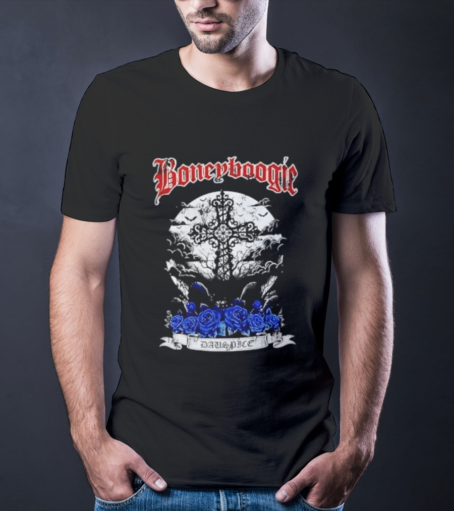 Boneyboogie Gothic Cross With Blue Roses And Full Moon T-Shirt