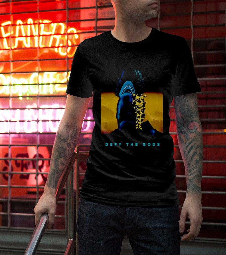 Defy The Gods Spartan Warrior Helmet Art Blue And Gold T-Shirt