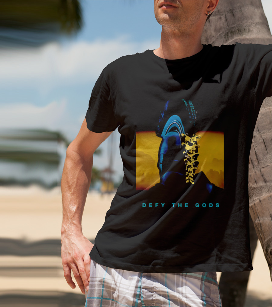 Defy The Gods Spartan Warrior Helmet Art Blue And Gold T-Shirt