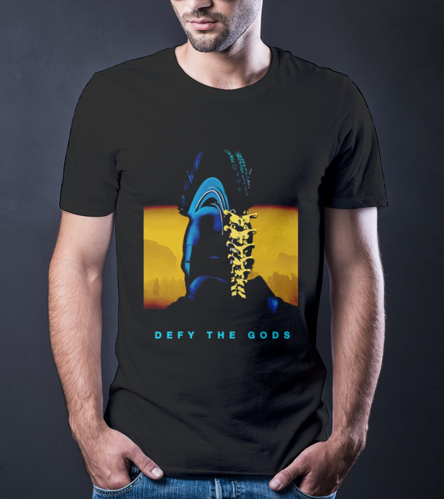 Defy The Gods Spartan Warrior Helmet Art Blue And Gold T-Shirt