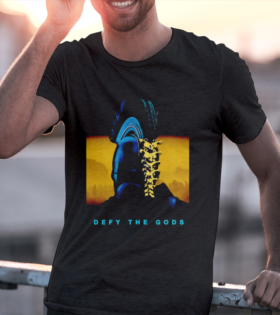 Defy The Gods Spartan Warrior Helmet Art Blue And Gold T-Shirt