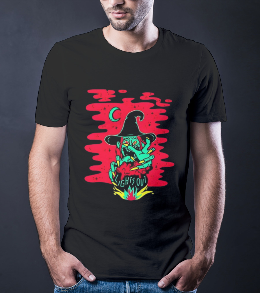 Lights Out Podcast Witch Halloween 2026 Crescent Moon T-Shirt