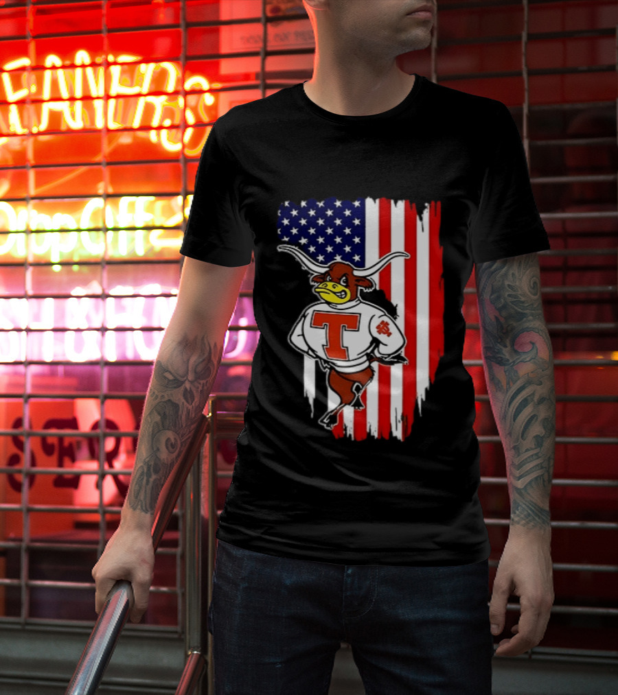Texas Longhorns Mascot Over USA Flag T-Shirt