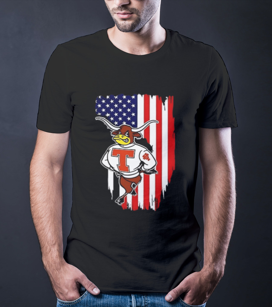 Texas Longhorns Mascot Over USA Flag T-Shirt