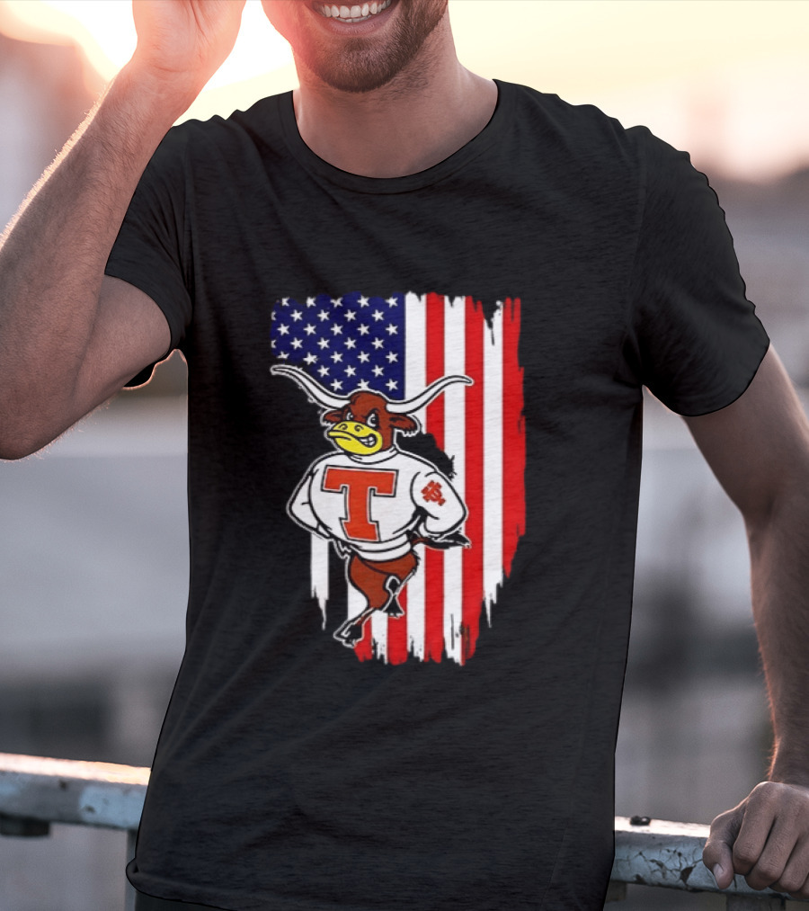 Texas Longhorns Mascot Over USA Flag T-Shirt