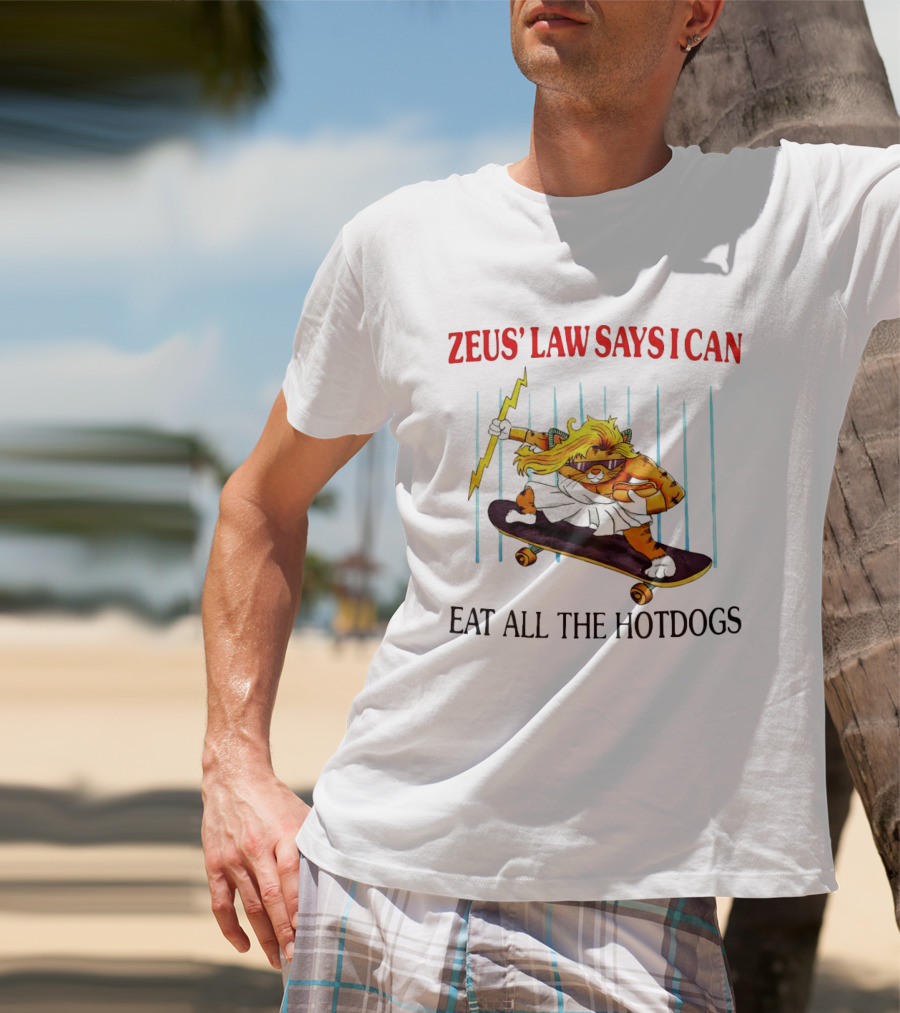 Zeus' Law Says I Can Eat All The Hotdogs Cat Holding Lightning Skateboard T-Shirt