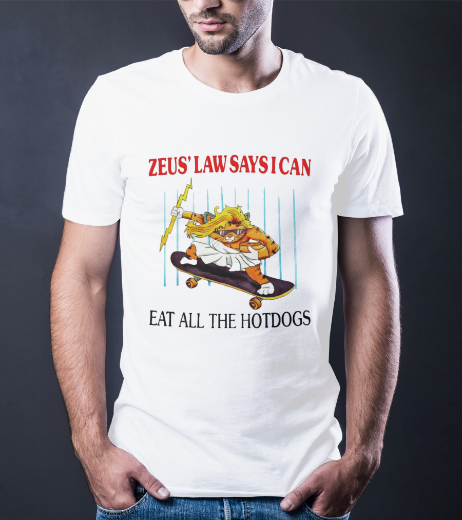 Zeus' Law Says I Can Eat All The Hotdogs Cat Holding Lightning Skateboard T-Shirt