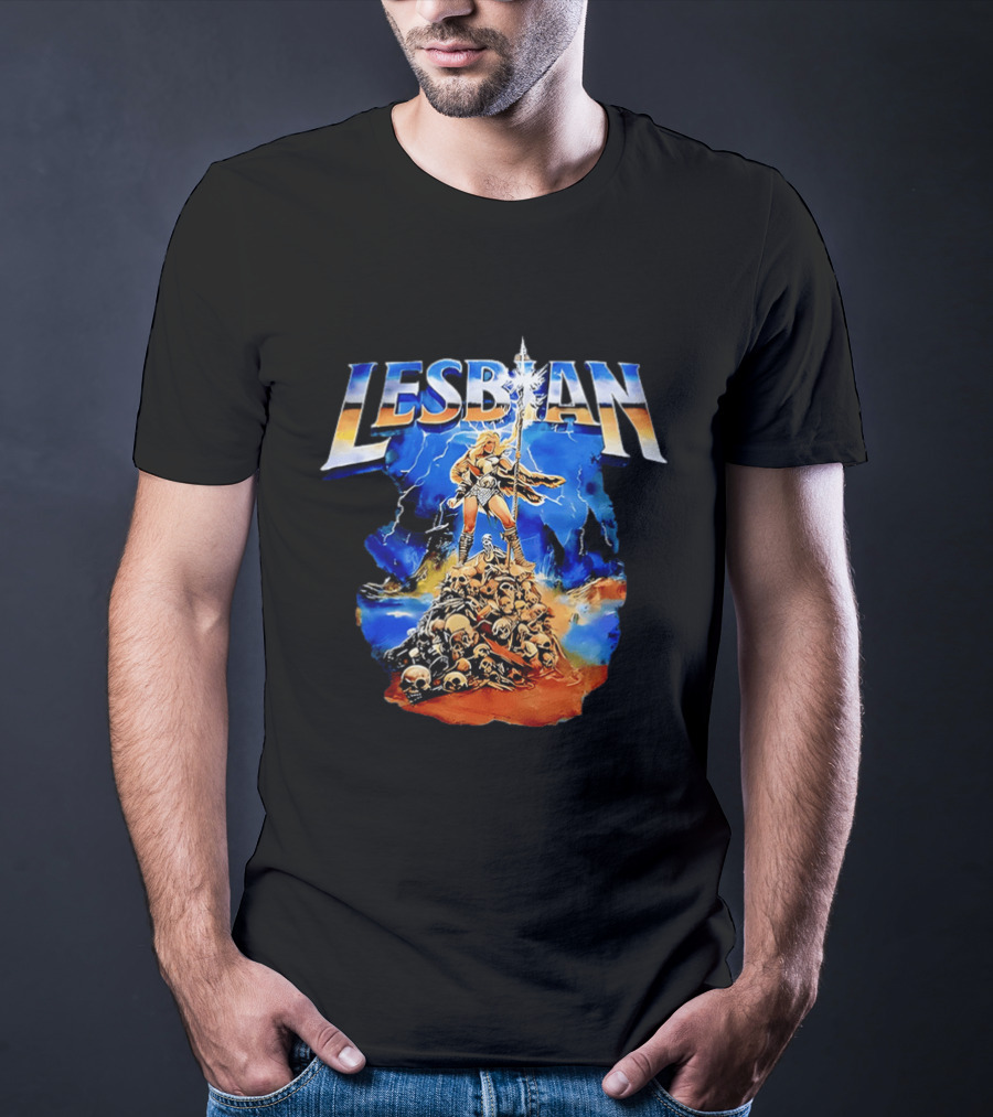 LESBIAN Warrior Epic Pose Amidst Pile Of Skulls And Lightning T-Shirt