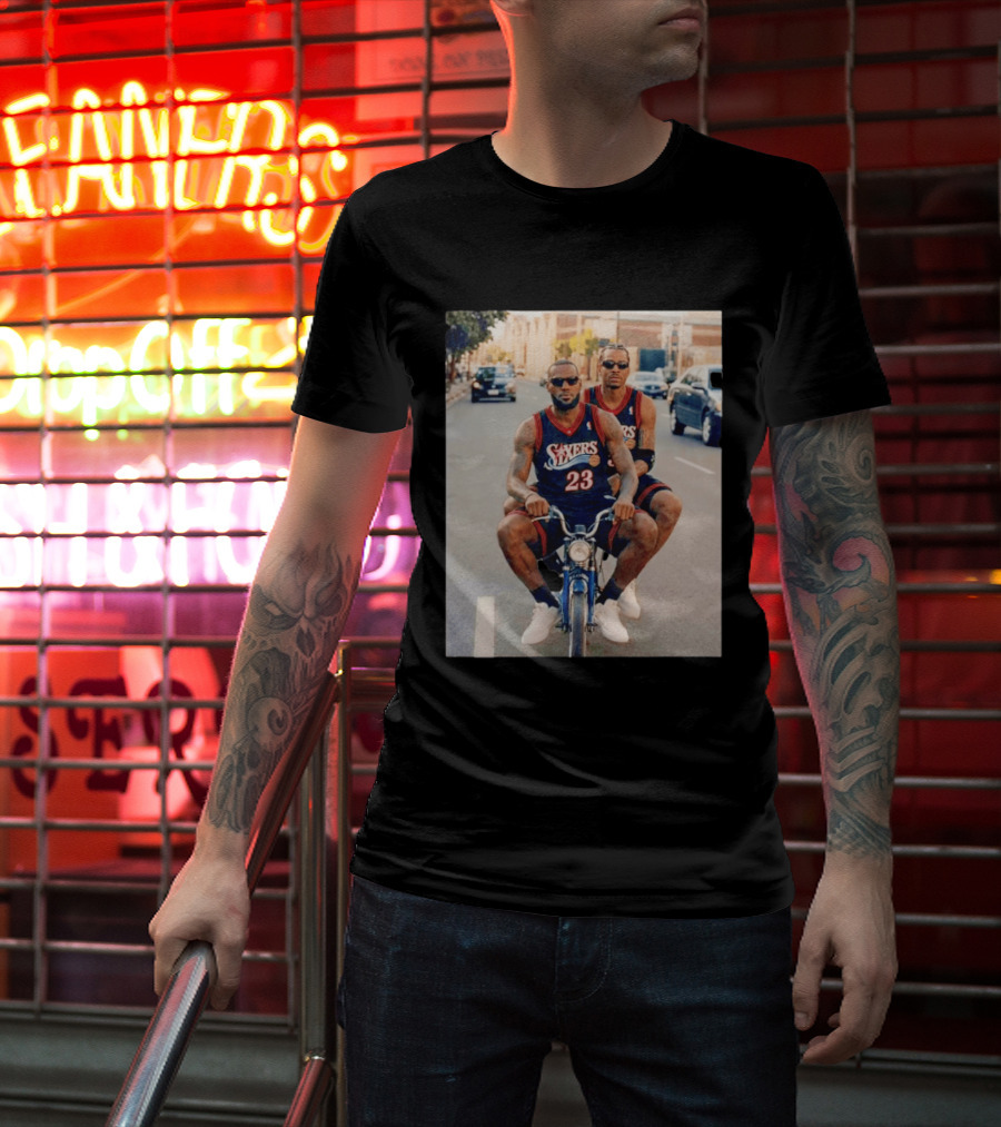 Philadelphia 76ers LeBron James Allen Iverson Duo On Bicycle T-Shirt