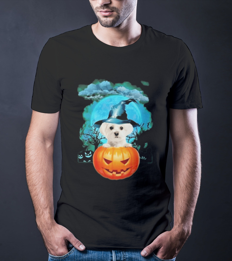 Happy Halloween White Maltese Witch Hat Pumpkin Blue Moon T-Shirt