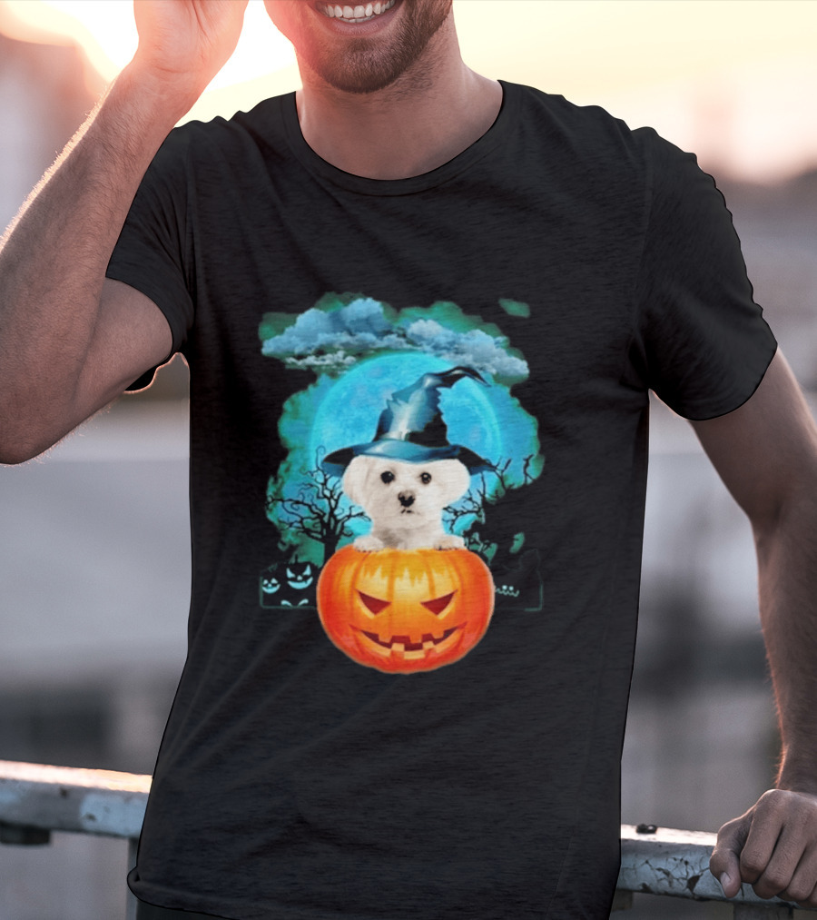 Happy Halloween White Maltese Witch Hat Pumpkin Blue Moon T-Shirt